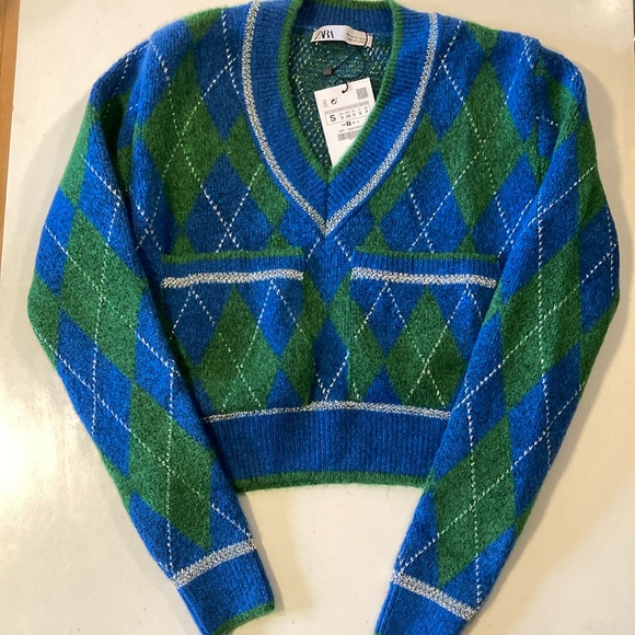 NWT Zara Metallic Thread Argyle Knit Sweater Size Small Blue/Green - Picture 4 of 6